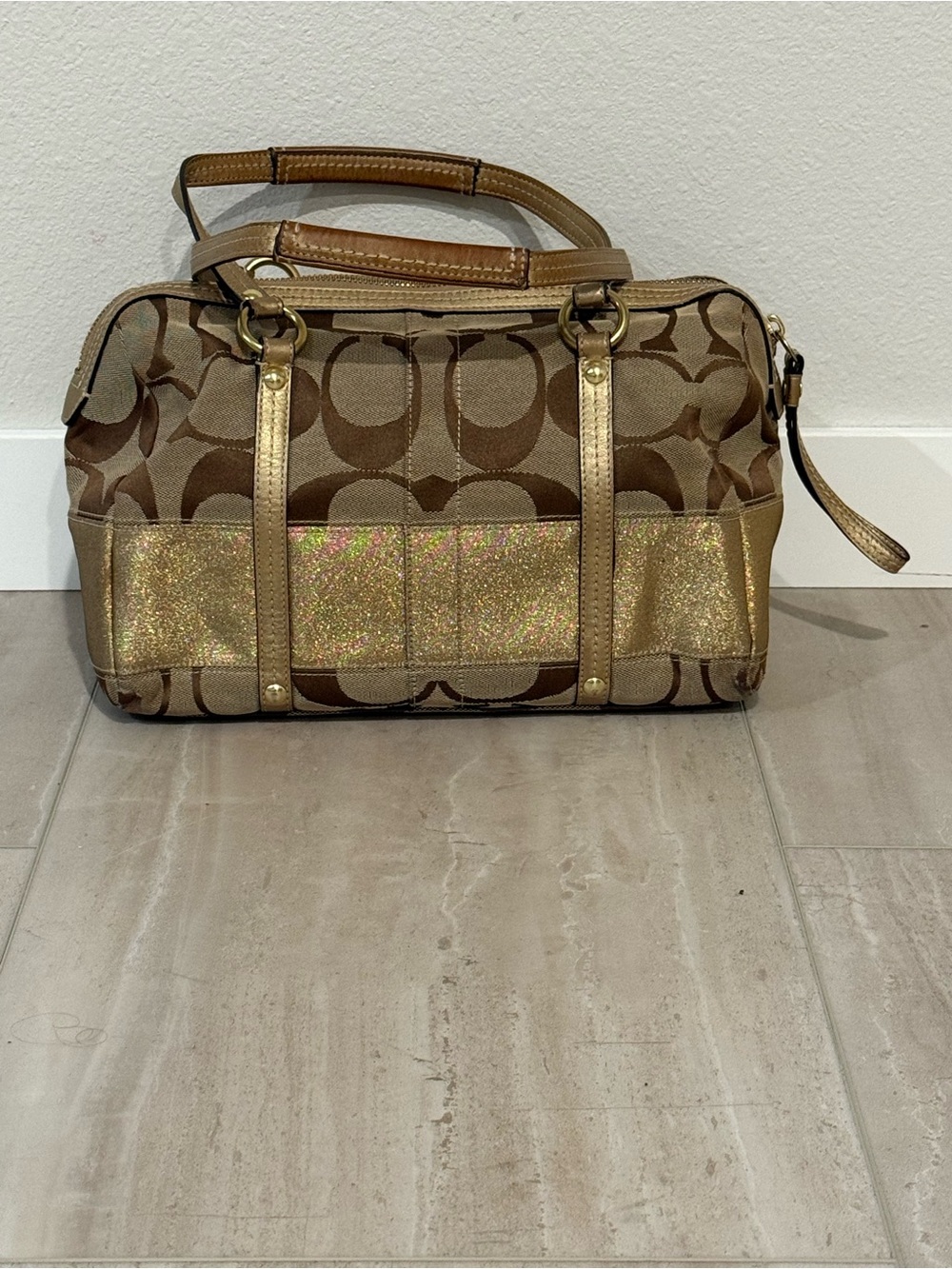 Coach Brown Signature Satchel with Gold Metallic Accent